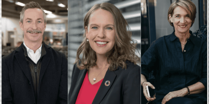 Finalisterna i priset Hållbart ledarskap 2023: Henrik Nilsson, vd och grundare Inrego, Liza Jonson, vd Swedbank Robur, och Lotta Giesenfeld Boman, vd och ägare Sigtunahöjden