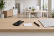 Receptionsdisk med mobiltelefon, id-kort, penna och mapp i ett ljust kontor