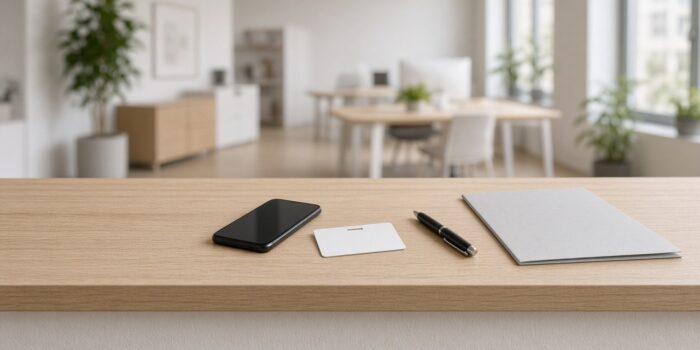 Receptionsdisk med mobiltelefon, id-kort, penna och mapp i ett ljust kontor