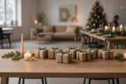 Inslagna julklappar på ett kontorsbord med julbord dukat i bakgrunden