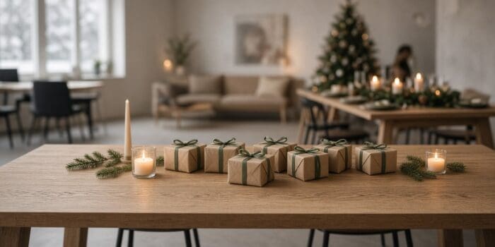 Inslagna julklappar på ett kontorsbord med julbord dukat i bakgrunden
