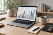 Skrivbord med laptop som visar lönediagram, miniräknare och anteckningsbok