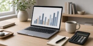 Skrivbord med laptop som visar lönediagram, miniräknare och anteckningsbok