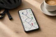 Smartphone med en karta och leveransrutter på ett bord, symbol för arbete som leds via digitala plattformar