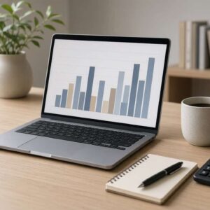 Skrivbord med laptop som visar lönediagram, miniräknare och anteckningsbok