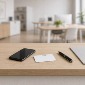 Receptionsdisk med mobiltelefon, id-kort, penna och mapp i ett ljust kontor