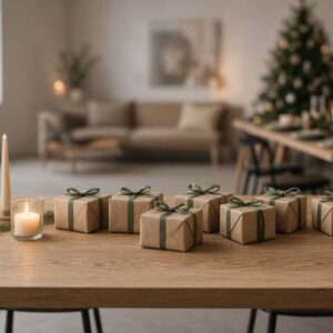 Inslagna julklappar på ett kontorsbord med julbord dukat i bakgrunden