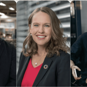 Finalisterna i priset Hållbart ledarskap 2023: Henrik Nilsson, vd och grundare Inrego, Liza Jonson, vd Swedbank Robur, och Lotta Giesenfeld Boman, vd och ägare Sigtunahöjden